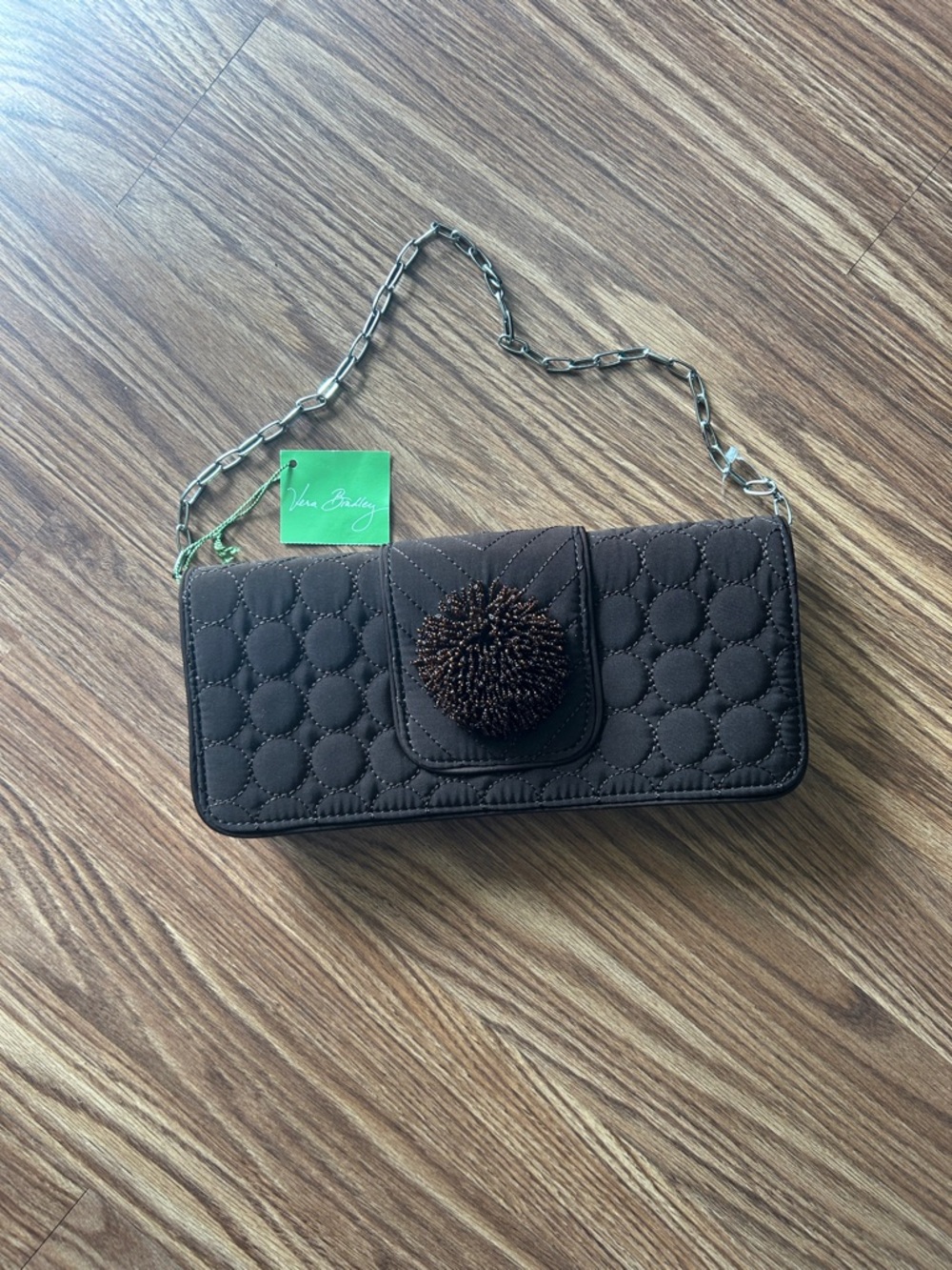 Vera Bradley Quilted Chocolate Brown Pom-Pom Chain Clutch
